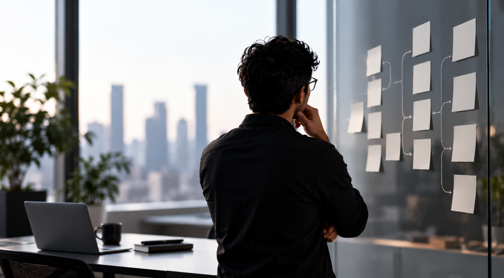 Strategist organizing product architecture on a glass wall