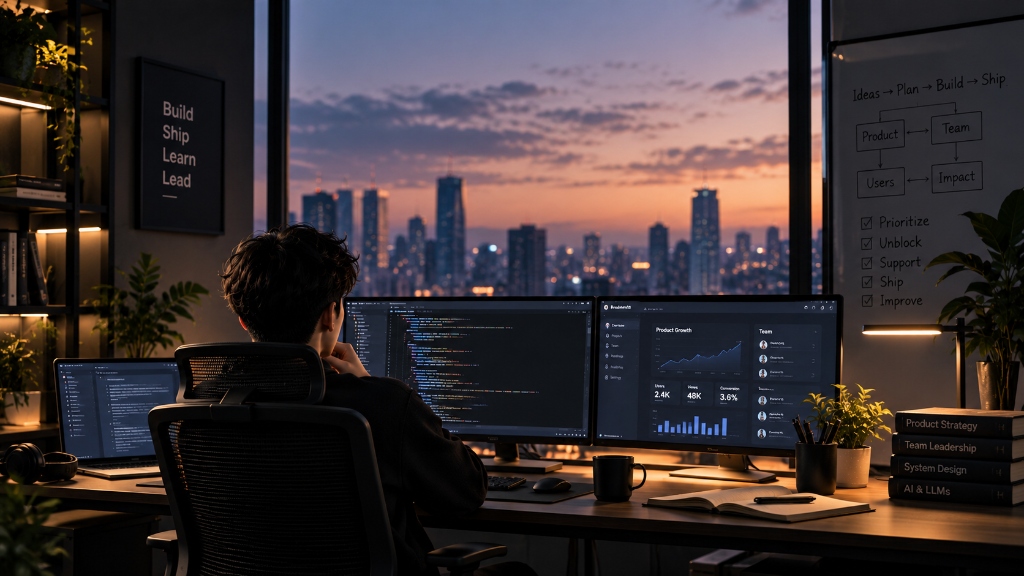 Engineer working on dual monitors in a dark room